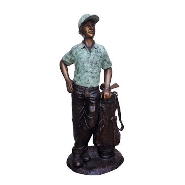 Golfer Male Stand with Clubs Bronze Statue Golfing Bag High End Sculptures
